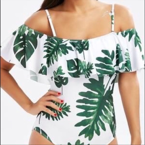 NESSA🌴 tropical leaf print ruffle one piece swim - Picture 3 of 5